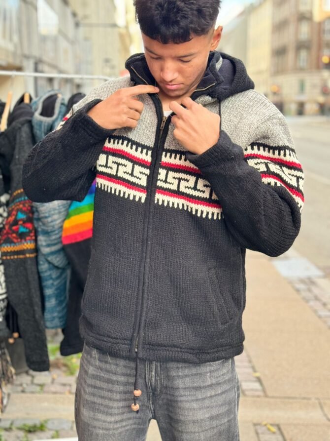 Handmade Woolen Jacket from Nepal – Black & Grey Ethnic Pattern Hoodie - Image 3